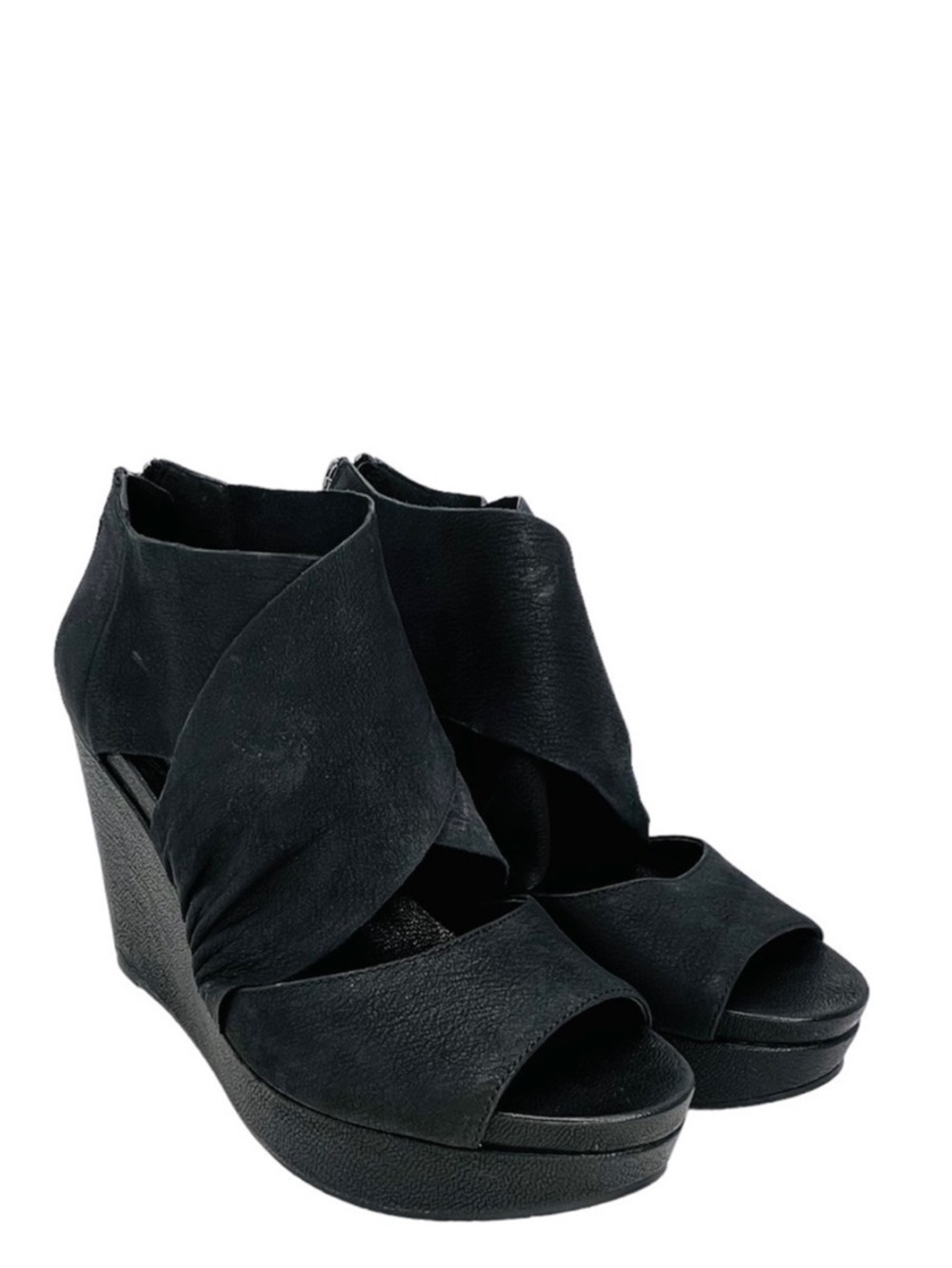 Eileen Fisher Draw Draped Black Nubuck Leather Wedge Heel Sandal Size 7.5 EUC